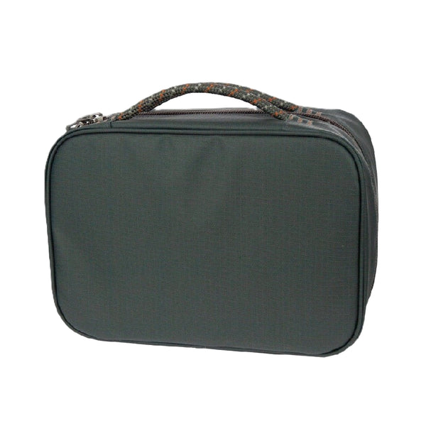 Back side of a green and grey Fishpond Backwater Fly Tying Kit for packing fly tying materials and tools for travel, on a white background.