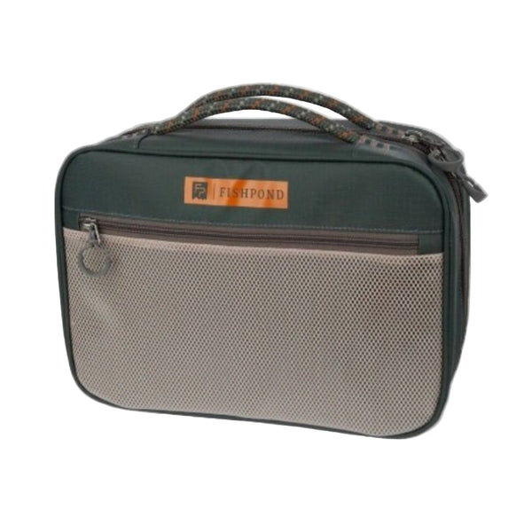 Front side of a green and grey Fishpond Backwater Fly Tying Kit for packing fly tying materials and tools for travel, on a white background.