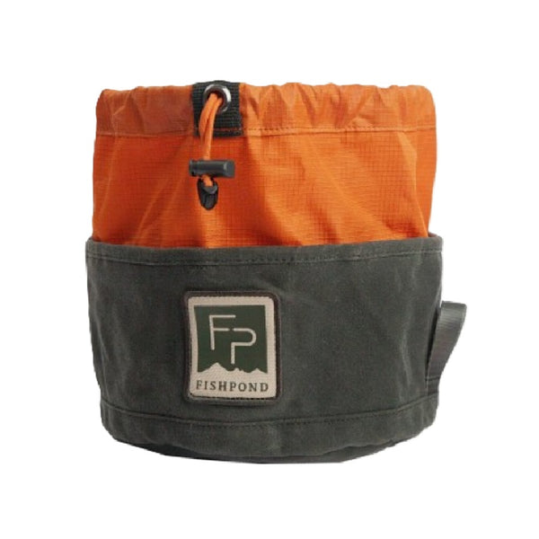 Duskwood Fishpond Bow Wow Travel Food Bowl with the orange  drawstring cover open on a white background.