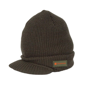 Brown knit Fishpond Brim Beanie with a visor, on a white background.