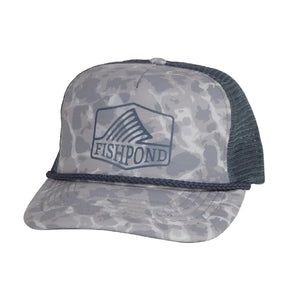 A grey camouflage Fishpond Dorsal Fin trucker hat with a dark grey mesh back and logo patch on the front, against a a white background.