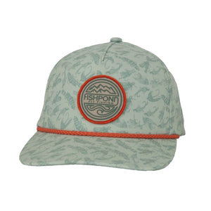 Light green Fishpond Headwater Hat with flyway pattern and Fishpond patch on a white background.