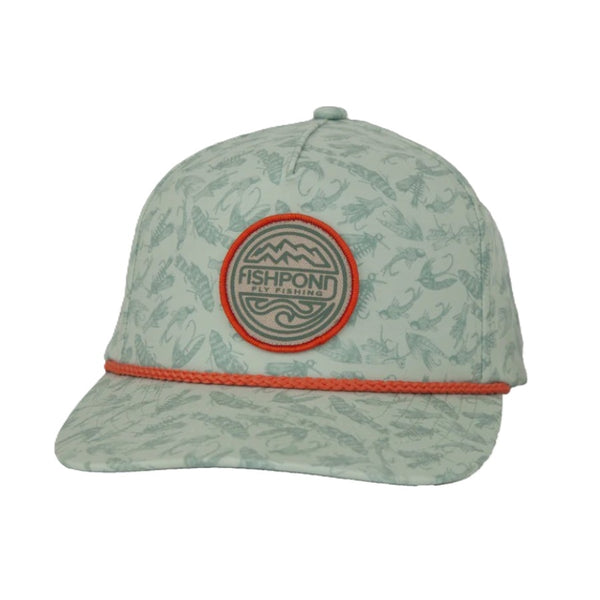 Light green Fishpond Headwater Hat with flyway pattern and Fishpond patch on a white background.