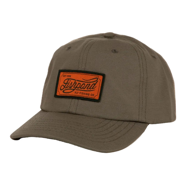 A Fishpond Heritage Lightweight Hat in brown with an orange Fishpond logo patch on the front, against a white background.