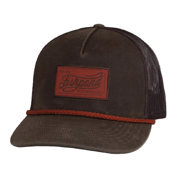 A dark brown Fishpond Heritage trucker hat with a brown mesh back, a brown patch on the front reading 'Fishpond', and a brown braided rope detail across the brim, shown on a white background.