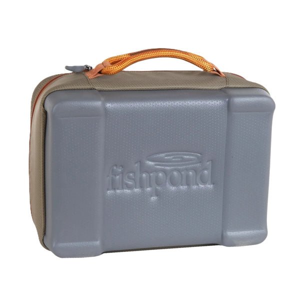 Sand and tan Fishpond Honco Reel Case bottom side facing, on a white background.