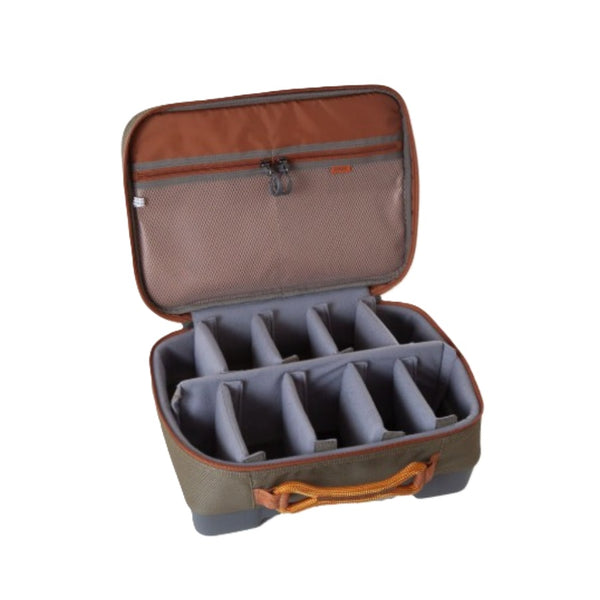 Sand and tan Fishpond Honco Reel Case open showing dividers inside, on a white background.