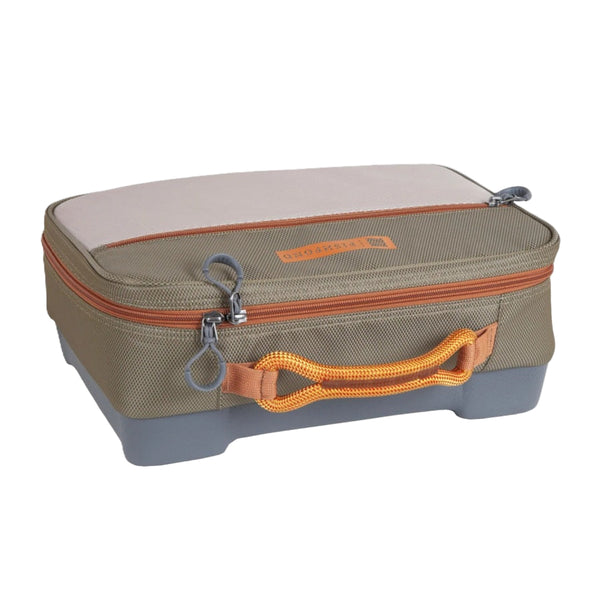 Sand and tan Fishpond Honco Reel Case side facing, on a white background.