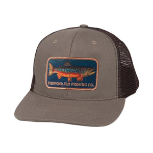 Brown and sandstone tan Fishpond Local Trucker Hat with a trout patch on the front, a white background.
