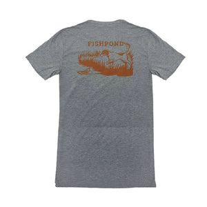 A grey Fishpond Men's On Point T-Shirt with a burnt orange bird dog graphic on the back, on a white background.