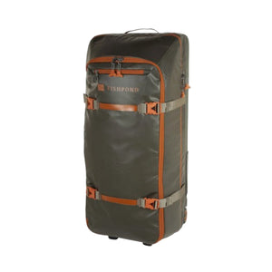 Front side of the green Fishpond Stormshadow Large Rolling Duffel with orange zippers and straps on a white background.