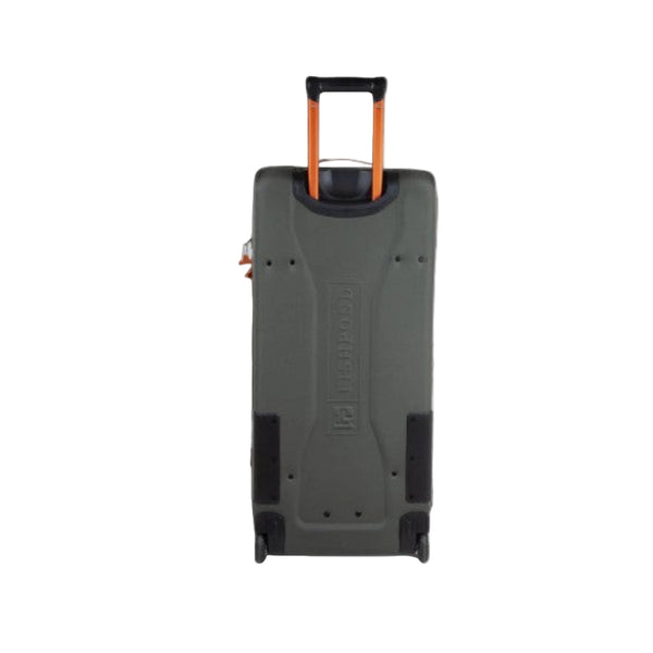 Back side of the green Fishpond Stormshadow Large Rolling Duffel with orange extended handle on a white background.