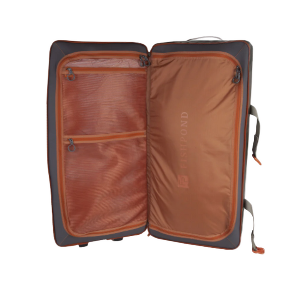 Open green Fishpond Stormshadow Large Rolling Duffel with orange interior compartments on a white background.