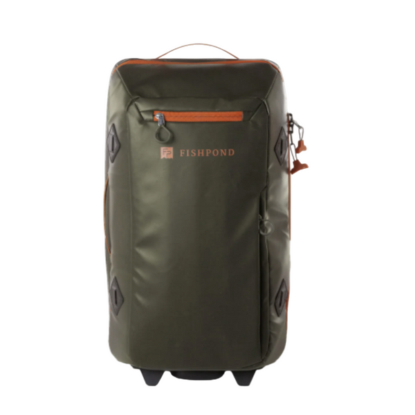 Front side of the green Fishpond Stormshadow Rolling Carry-On Duffel on a white background.