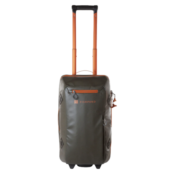 Green Fishpond Stormshadow Rolling Carry-On Duffel with orange handle extended on a white background.