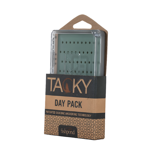 Fishpond Tacky Daypack Fly Box in packaging, in the original blue green color with clear lid, on a white background.