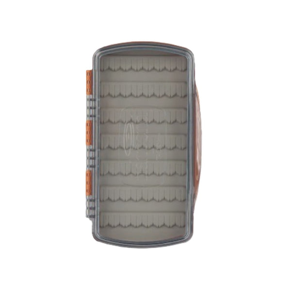 Burnt orange Fishpond Tacky Pescador Medium Fly Box with clear lid on a white background.
