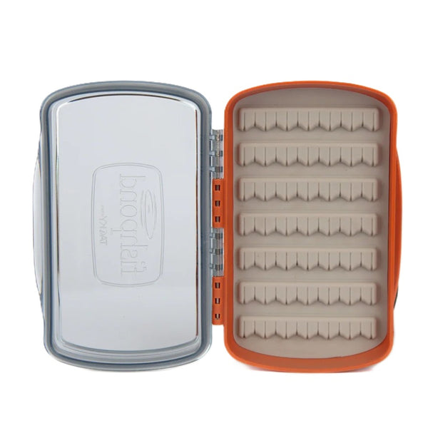 Open burnt orange Fishpond Tacky Pescador Small Fly Box with clear lid on a white background.