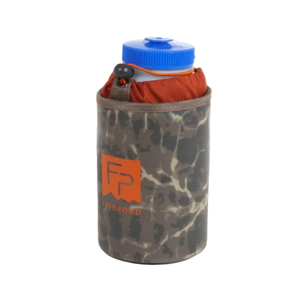 The front of a shadowcast camo Fishpond Thunderhead Water Bottle Holder showing the orange interior line with drawstring and a bottle inside against a white background.