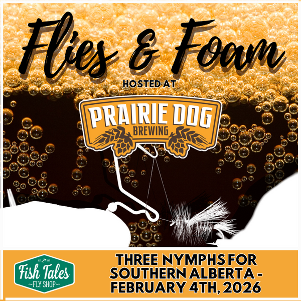 Promotional graphic for the Fish Tales 'Flies & Foam' event hosted at Prairie Dog Brewing.
