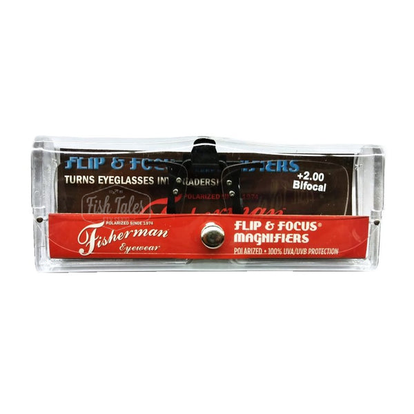 Pair of Flip and Focus clear clip-on magnifiers for eyeglasses on a white background.