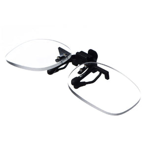Pair of Flip and Focus clear clip-on magnifiers for eyeglasses on a white background.