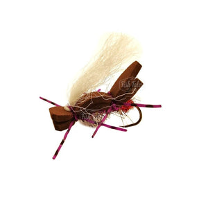 A purple and brown foam dry fly Extra Chubby Worker with purple legs and with red butt, on a white background.