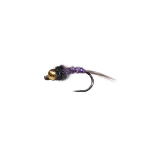 The Tick fly fishing nymph with purple and gold details on a white background.