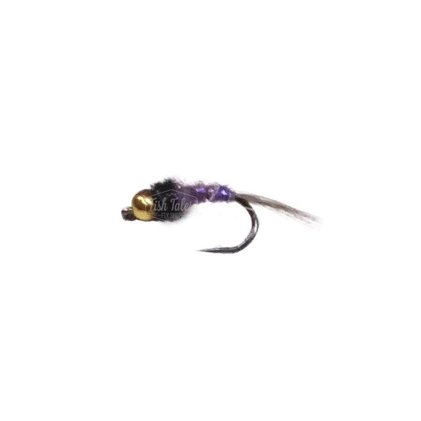 The Tick fly fishing nymph with purple and gold details on a white background.