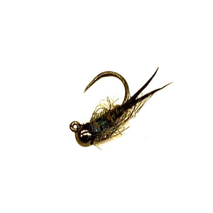 A Freestone Fly Co. UV Haze Jig Nymph for fly fishing in green with a dark metallic bead on a white background.