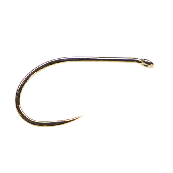 A single bronze color Fulling Mill 5020 Grab Gape Barbless Hook on a white background.