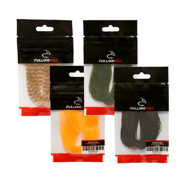 Four packages of Fulling Mill Barred Legs for fly tying in a variety of colors, on a white background.