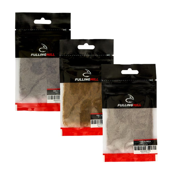 Three packages of Fulling Mill CDC Dubbing for fly tying in a variety of colors, on a white background.