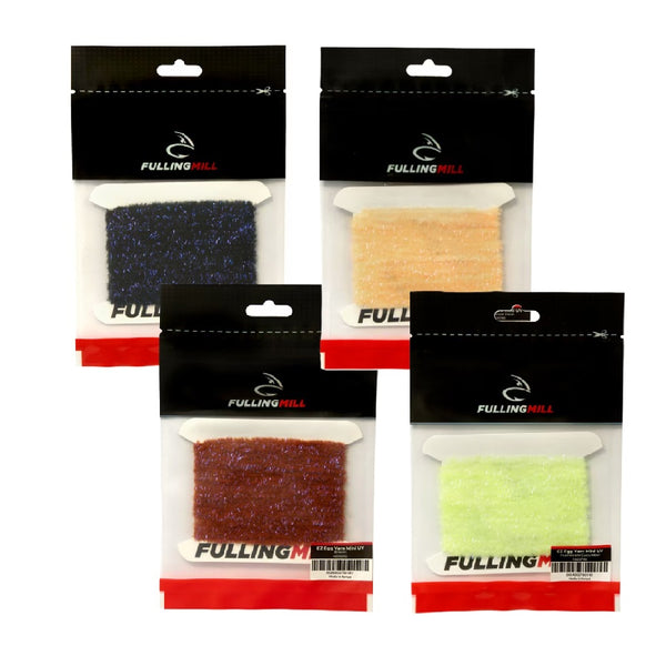 Four packages of Fulling Mill EZ Egg Yarn for fly tying in a variety of colors, on a white background.