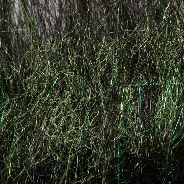 Black chartreuse color Fulling Mill Flashy Craft Brush fly tying material, close up.