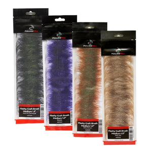 Four packages of Fulling Mill Flashy Craft Brushes for fly tying in a variety of colors, on a white background.