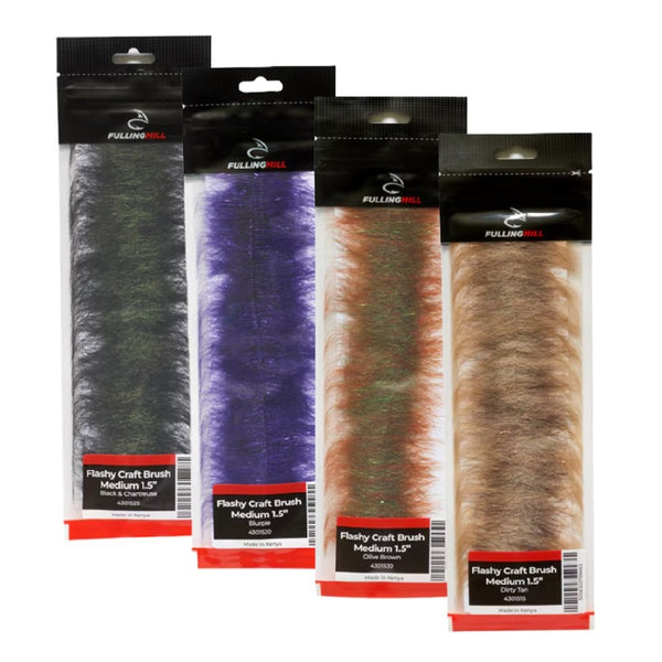 Four packages of Fulling Mill Flashy Craft Brushes for fly tying in a variety of colors, on a white background.