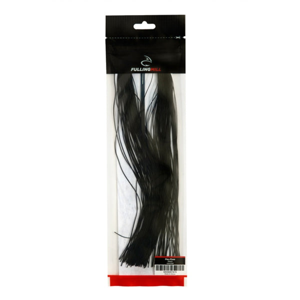 A packaged hank of Fulling Mill Flex Floss in black used for fly tying on a white background.