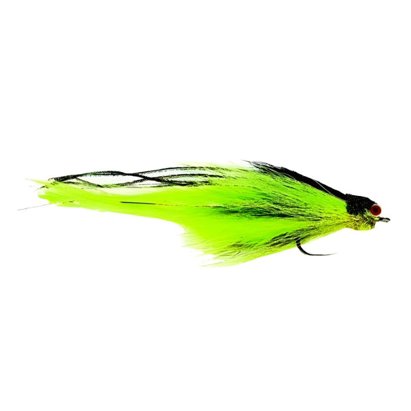 side view of the chartreuse and black fulling mill flies andino deceiver saltwater streamer on a white background