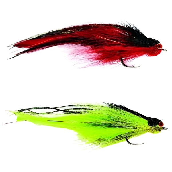 two color options of the fulling mill flies andino deceiver saltwater streamers shown in side view on a white background