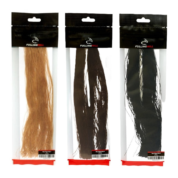 three packages of fulling mill micro flex floss side by side in tan, brown and black on white background