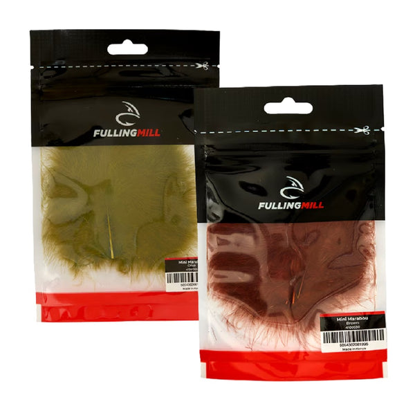 Two packages of Fulling Mill Mini Marabou feathers for fly tying, on a white background.