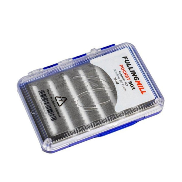 Blue Fulling Mill pocket fly box with frosted clear lid on a white background.