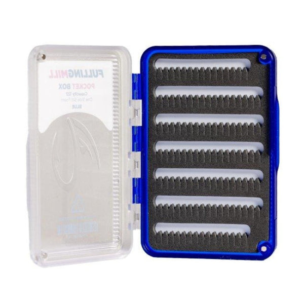 Open blue Fulling Mill pocket fly box with frosted clear lid and slit foam on a white background.