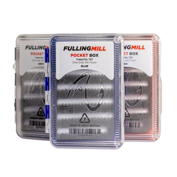 Group of three Fulling Mill pocket fly boxes with frosted clear lid and slit foam on a white background.