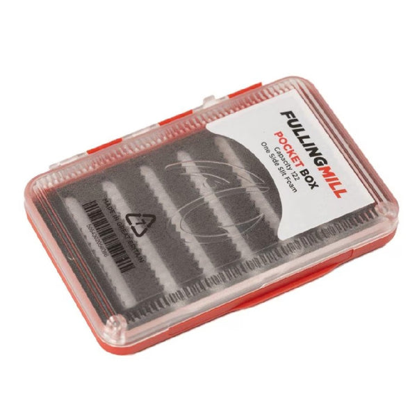 Red Fulling Mill pocket fly box with frosted clear lid on a white background.