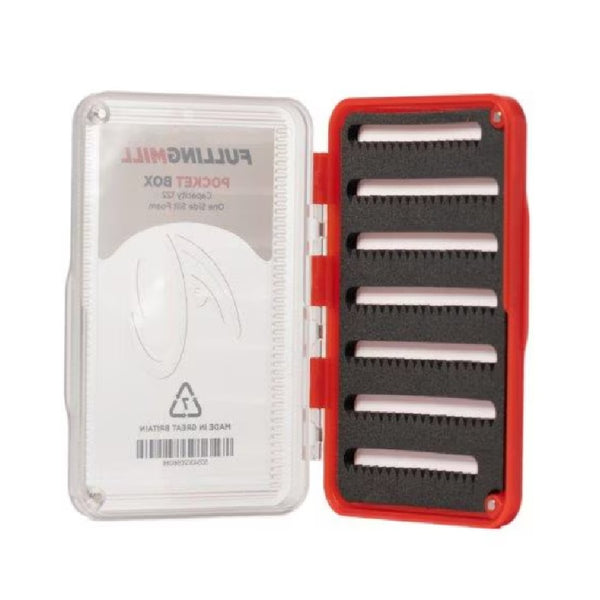 Open red Fulling Mill pocket fly box with frosted clear lid and slit foam on a white background.
