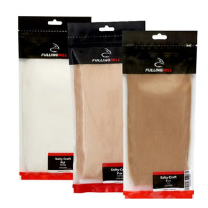 Three packages of Fulling Mill Salty Craft Fur for fly tying in a variety of colors, on a white background.