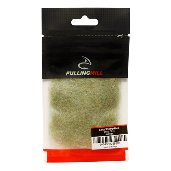 A package of Fulling Mill Salty Shrimp Dubbing for fly tying in dirty olive against a white background.
