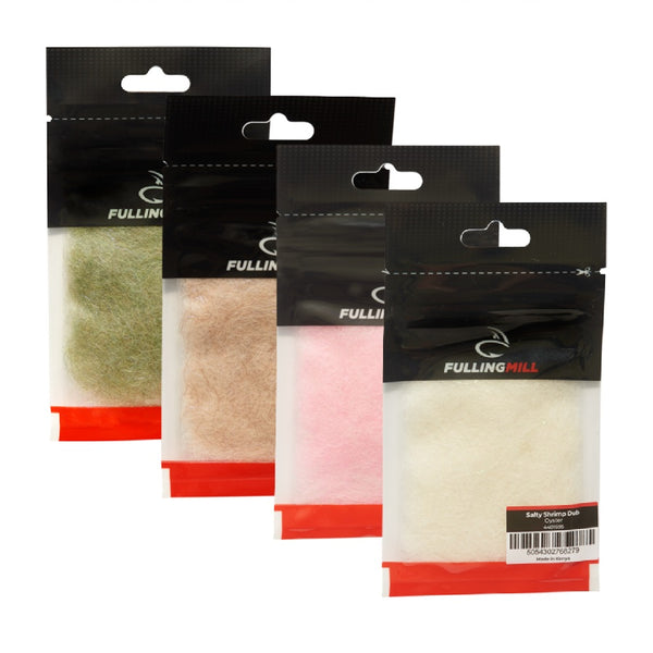 Four packages of Fulling Mill Salty Shrimp Dubbing in different colors (green, tan, pink, and cream) arranged in a staggered row against a white background.